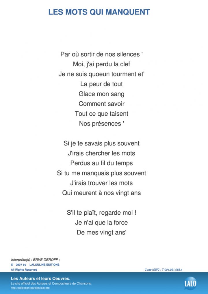 Paroles Et Musique De Les Mots Qui Manquent Erve Deroff à Chercher Les Mots