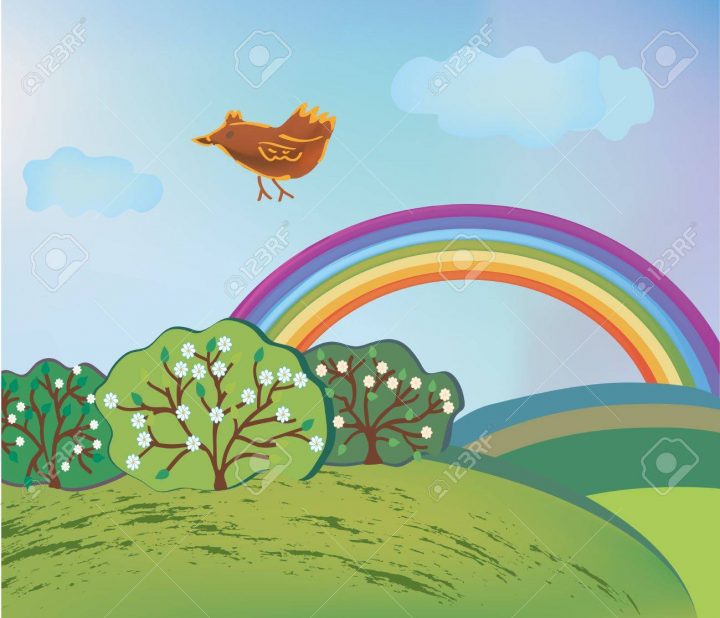 Paysage De Printemps Avec Arc En Ciel Et Oiseau De Dessin Animé à Dessin Printemps Paysage