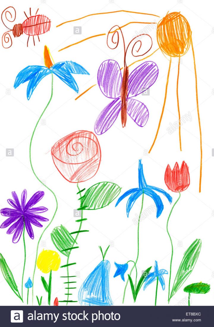 Paysage De Printemps Avec Papillon Et Fleurs. Enfant Dessin dedans Dessin Printemps Paysage