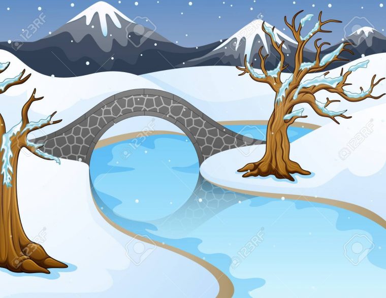 Paysage D'hiver De Dessin Animé Avec Des Montagnes Et Petit Pont De Pierre  Sur La Rivière dedans Dessin De Paysage D Hiver