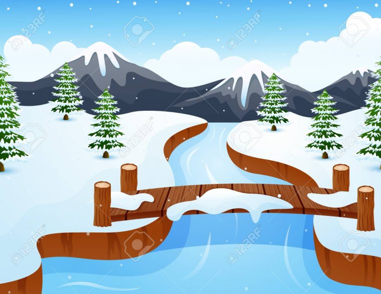 Paysage D'hiver De Dessin Animé Avec Des Montagnes Et Petit Pont En Bois  Au-Dessus De La Rivière encequiconcerne Dessin De Paysage D Hiver