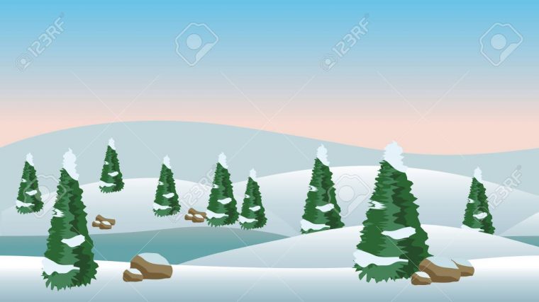 Paysage D'hiver De Vecteur Pour Le Fond De Scène De Dessin Animé Ou De Jeu.  Neige, Conifères Et Rivière Froide. Illustration Vectorielle, encequiconcerne Dessin De Paysage D Hiver