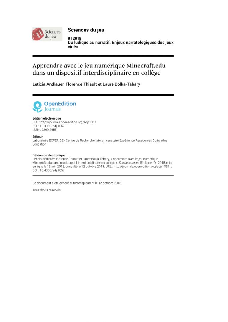 Pdf) Apprendre Avec Le Jeu Numérique Minecraft.edu Dans Un pour Jeux Ludique En Ligne