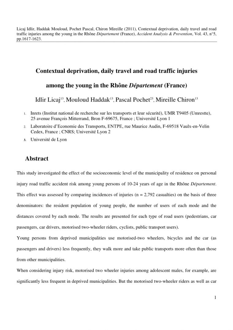 Pdf) Contextual Deprivation, Daily Travel And Road Traffic intérieur Liste De Departement De France