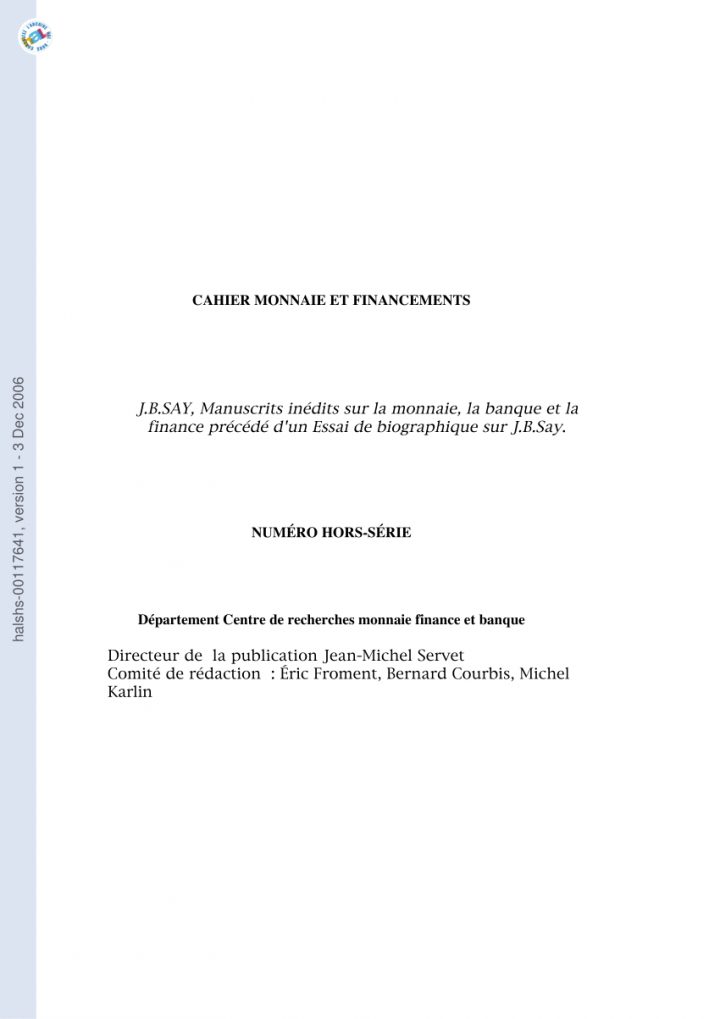 Pdf) J.b.say, Manuscrits Inédits Sur La Monnaie, La Banque dedans Argent Factice À Imprimer