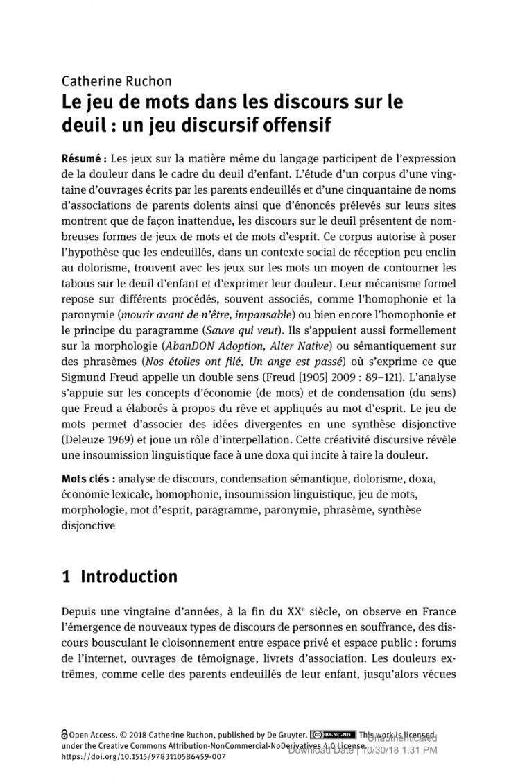 Pdf) Le Jeu De Mots Dans Les Discours Sur Le Deuil : Un Jeu avec Jeux De Mots Enfants