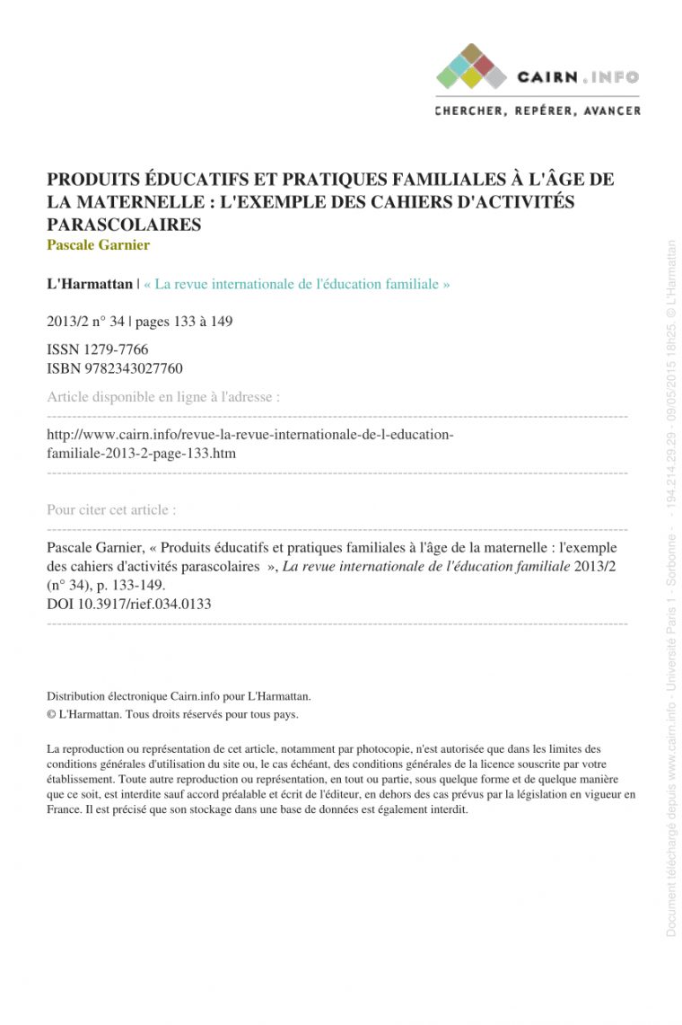 Pdf) Produits Éducatifs Et Pratiques Familiales À L'âge De destiné Cahier De Vacances Maternelle Pdf