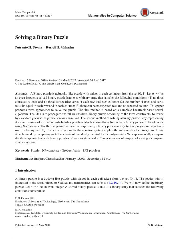 Pdf) Solving A Binary Puzzle encequiconcerne Sudoku Gs