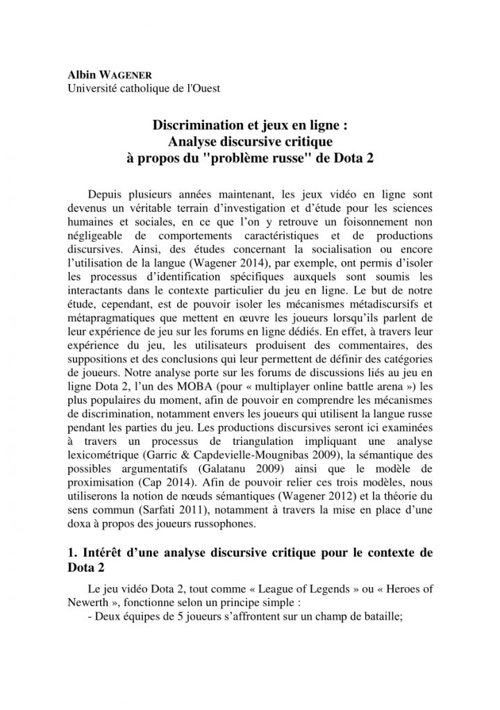 Pdf) Wagener A., « Discrimination Et Jeux En Ligne : Analyse serapportantà Jeux A Deux En Ligne