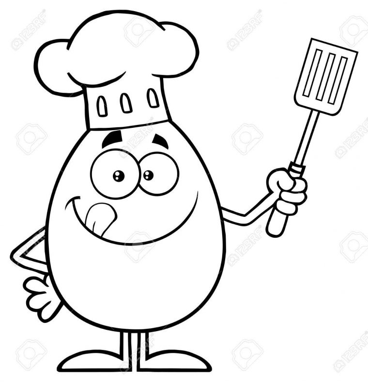 Personnage Mascotte De Dessin Animé Noir Et Blanc D'oeuf De Chef Léchant  Ses Lèvres Et Tenant Une Spatule. Illustration Isolé Sur Fond Blanc destiné Dessin D Oeuf