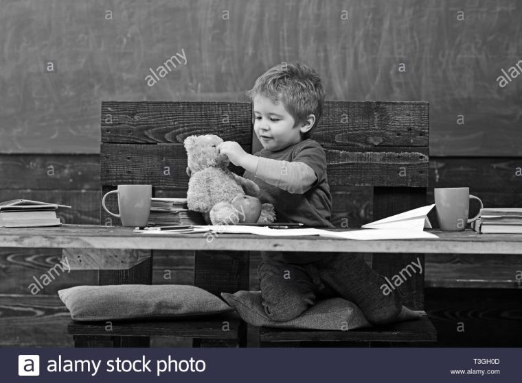 Petit Garçon Jouant Avec Ours Durant La Relâche Scolaire destiné Jeu Educatif Maternelle