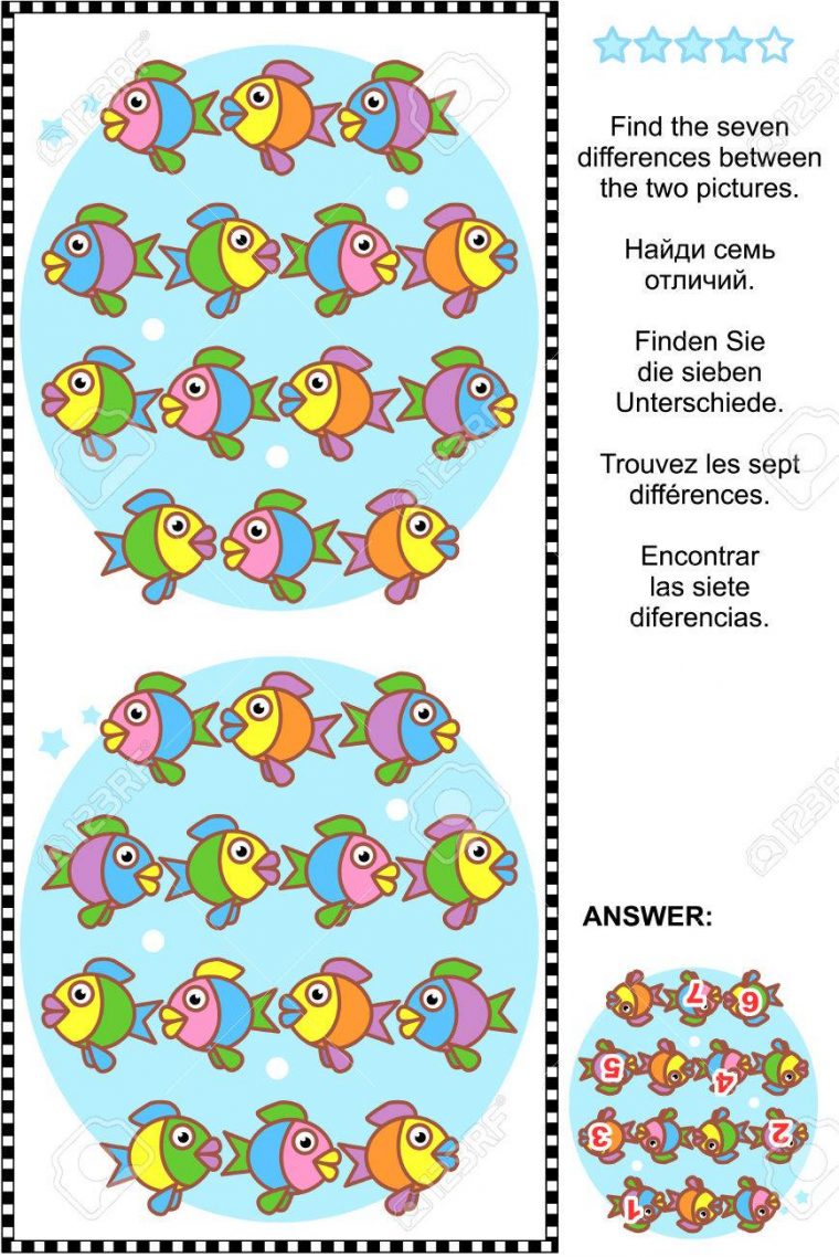 Picture Puzzle: Find The Seven Differences Between The Two Pictures Of Cute  Colorful Little Fish. Answer Included. tout Les 5 Differences