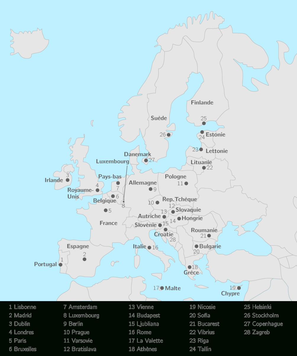 Placer Sur La Carte Les 28 États De L'union Européenne Et avec Carte D Europe Capitale