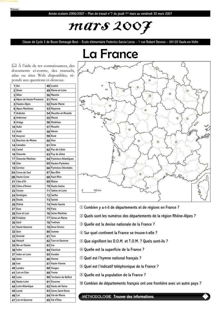 Plan De Travail N°7 De Niveau 3 destiné Combien De Departement En France