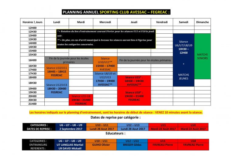 Planning Entrainement Annuel Des Jeunes. – Club Football tout Planning Annuel 2018