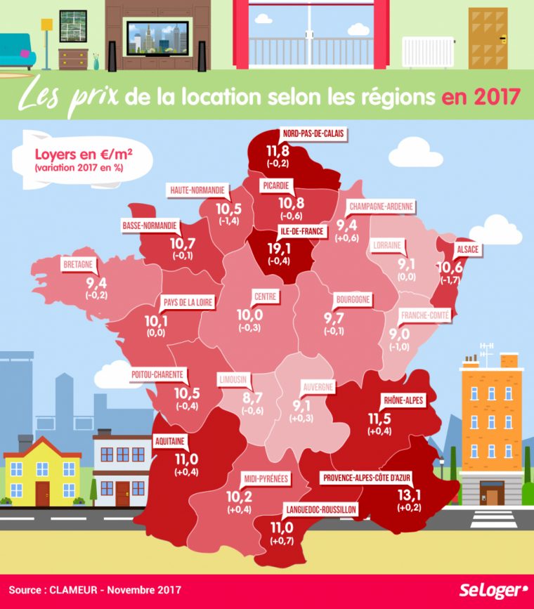 Région Par Région, Les Prix Des Loyers En 2017 destiné Carte Des Départements De France 2017