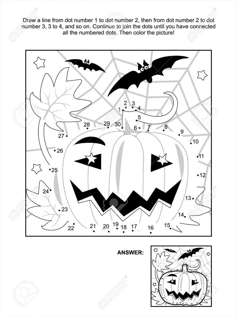 Reliez Les Points Image Puzzle Et Coloriage – Halloween Scène De Nuit À La  Citrouille, Chauve-Souris Et Toile D'araignée. Répondez Inclus. concernant Relier Les Points De 1 À 30