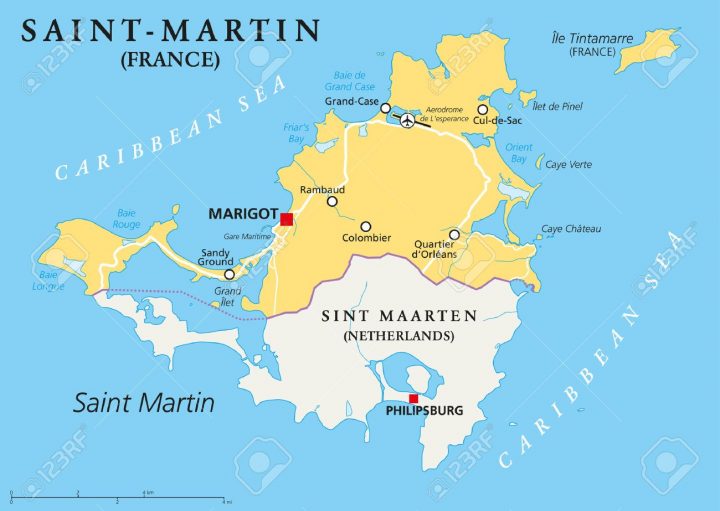 Saint-Martin Pays Carte Politique. La Partie Nord De L'île Des Caraïbes De  Saint Martin. Une Collectivité D'outre-Mer De La France Avec La Capitale intérieur Carte France D Outre Mer