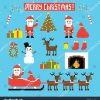 Santa, Geyik, Kardan Adam, Yılbaşı Ağacı Stok Vektör avec Pixel Art De Noël