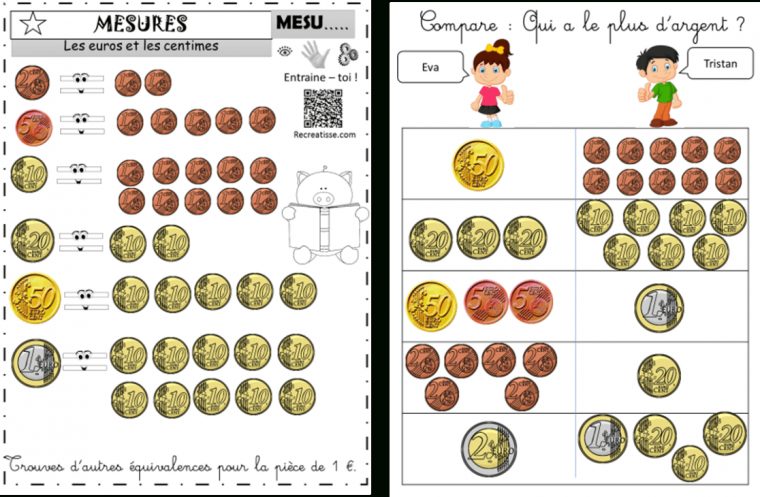 Sequence Monnaie : Ateliers – Exercices – Mémos • Recreatisse encequiconcerne Billets Et Pièces En Euros À Imprimer