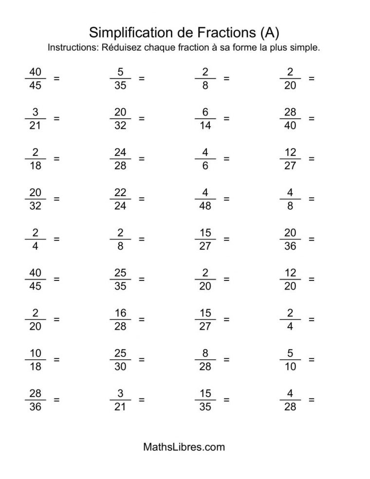 Simplification De Fractions (Faciles) (A) à Exercices De Maths Cm1 À Imprimer Gratuit