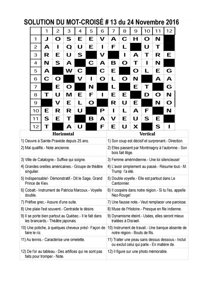 Solution Du Mot Croisé Du Cantonnier Du 24 Novembre 2016 à Resultat Mots Croises