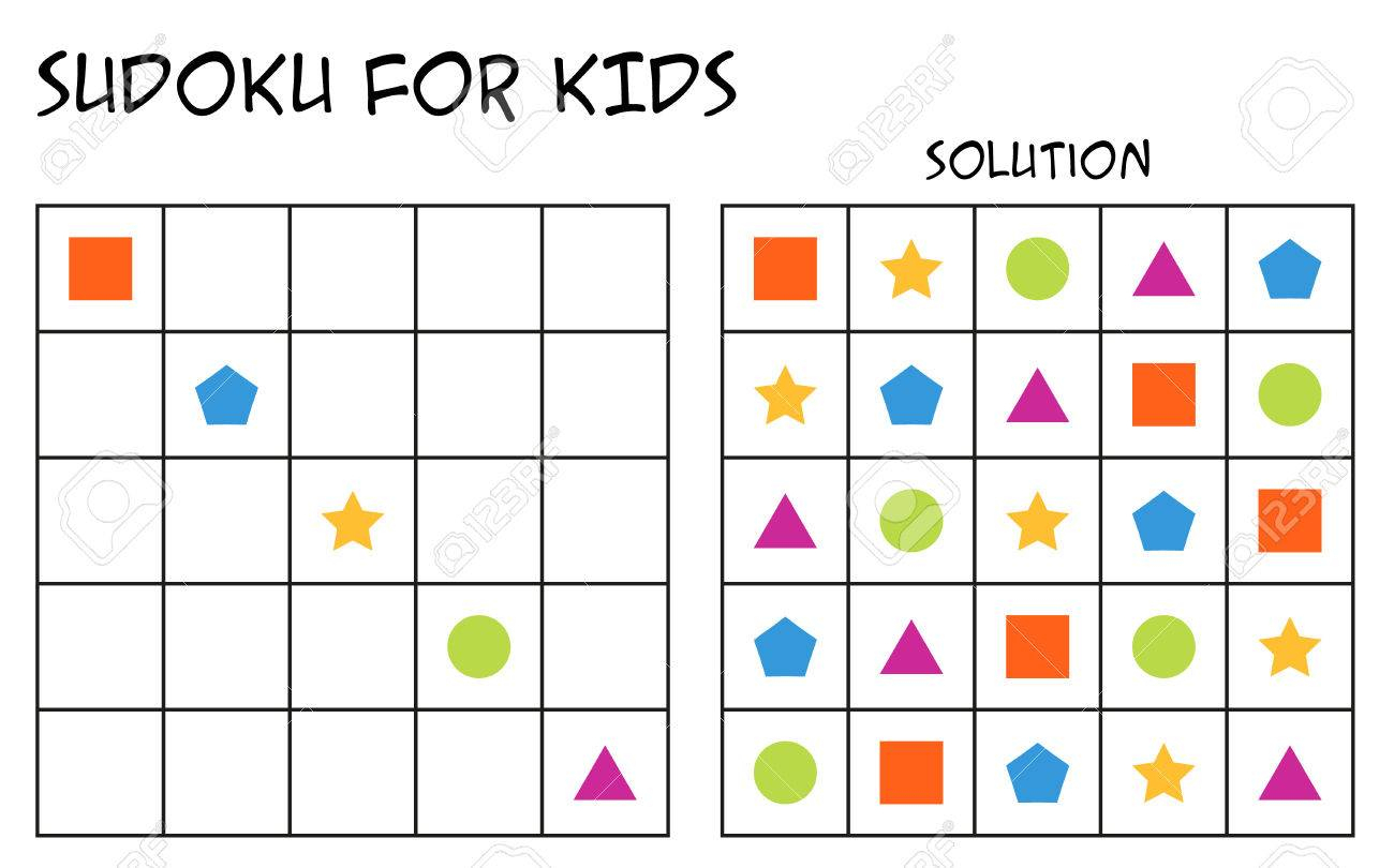 Sudoku Pour Les Enfants Avec Solution, Puzzle Pour Les Enfants À Remplir  Chaque Ligne Ou Colonne Avec Une Seule De Chaque Forme, Tâche Mentale, Défi à Puzzle En Ligne Enfant 