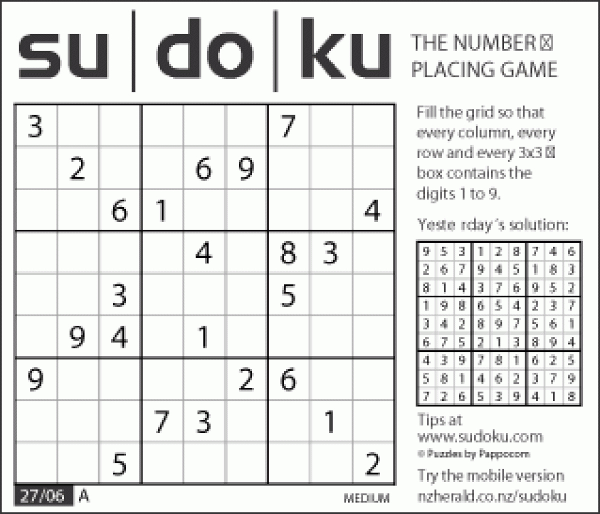 Sudoku Puzzle For June 27 (Medium) - Nz Herald pour Sudoku Gs