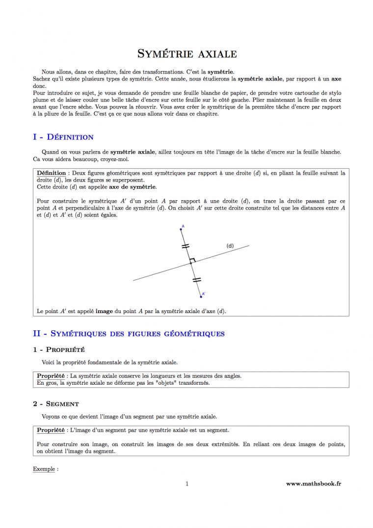 Symétrie Axiale : Cours Pdf À Imprimer | Maths 6Ème destiné Symétrie A Imprimer