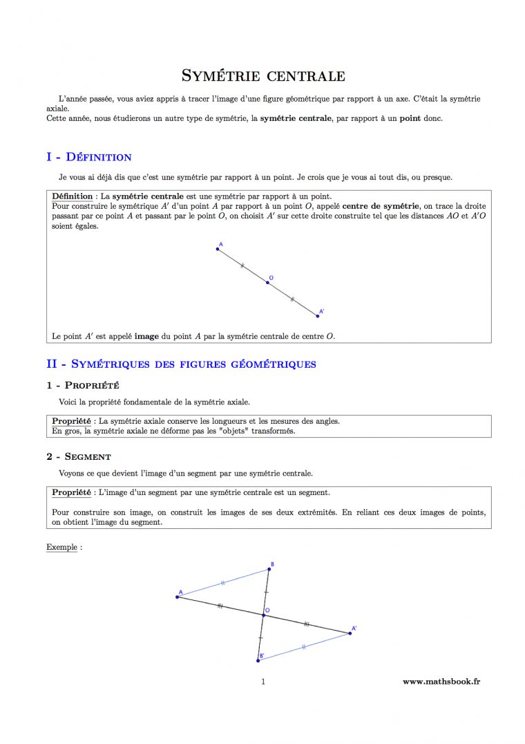 Symétrie Centrale : Cours Pdf À Imprimer | Maths 5Ème tout Symétrie A Imprimer