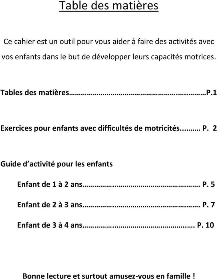 Table Des Matières. Ce Cahier Est Un Outil Pour Vous Aider À serapportantà Exercice Pour Enfant De 4 Ans