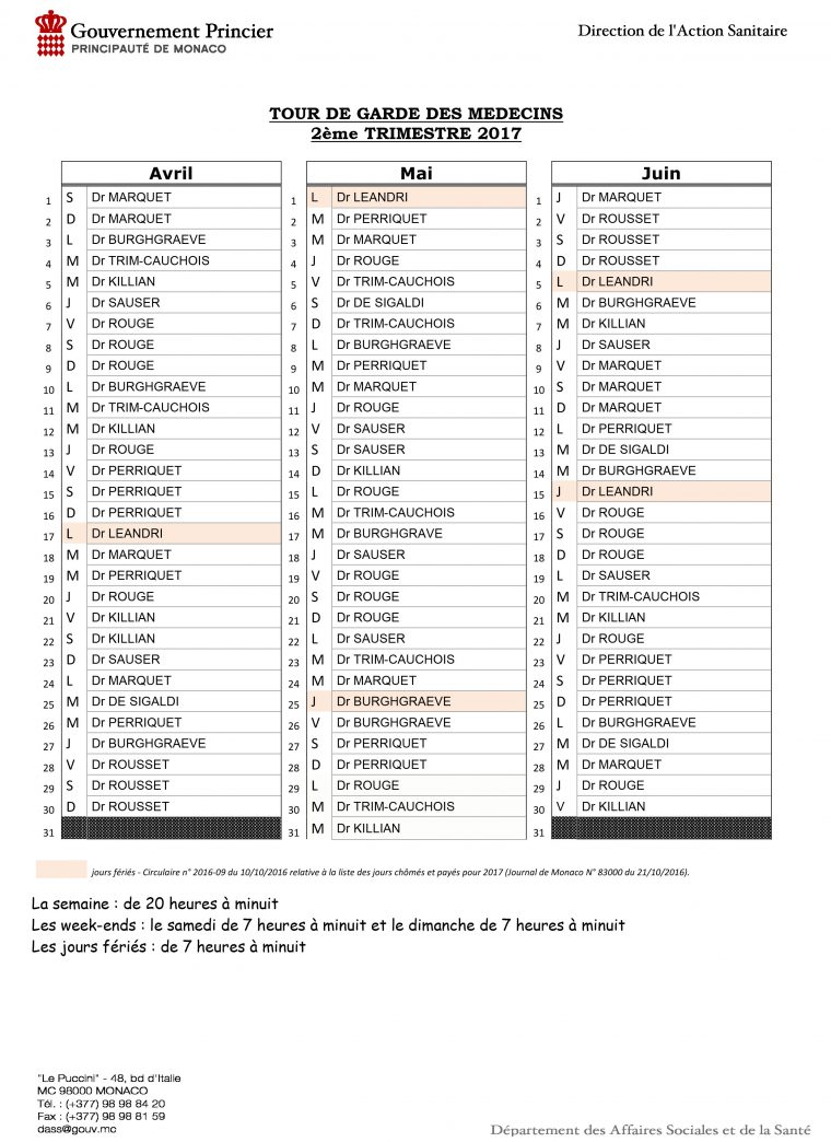 Tableau Tour De Garde Médecins 2Ème Trimestre 2017 – Chpg concernant Tableau Des Départements Français