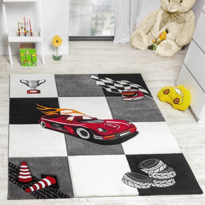 Tapis Enfant Voiture De Course Gris Crème Noir intérieur Jeux De Course Pour Enfants