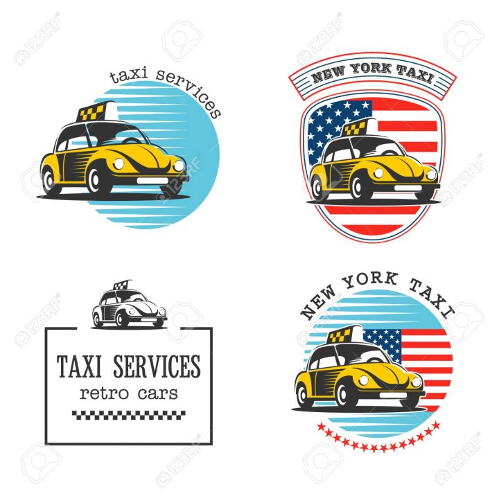 Taxi À New York. Service De Taxi. Jeu De Logos Vectoriels Voiture De Taxi  Jaune Sur Un Fond De Drapeau Américain. destiné Jeux De Voiture Jaune