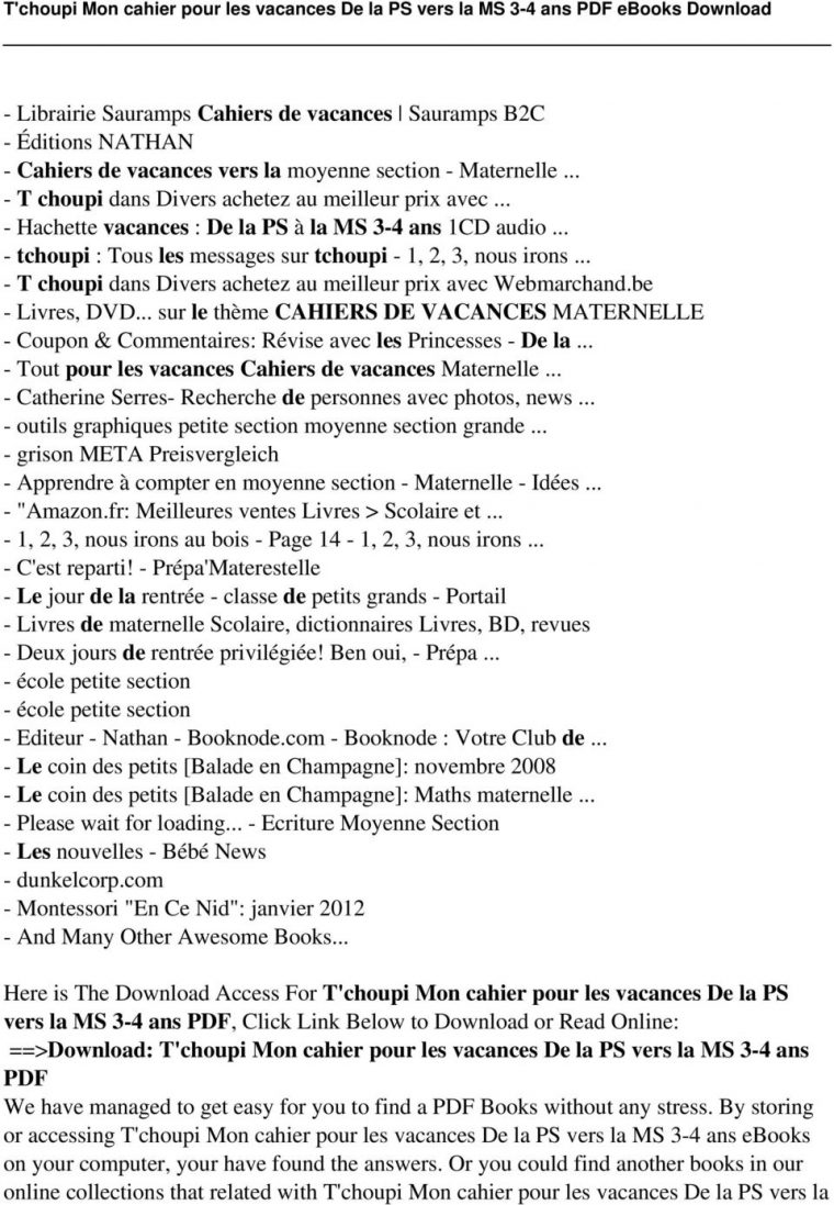 T'choupi Mon Cahier Pour Les Vacances De La Ps Vers La Ms 3 intérieur Cahier De Vacances Maternelle Pdf