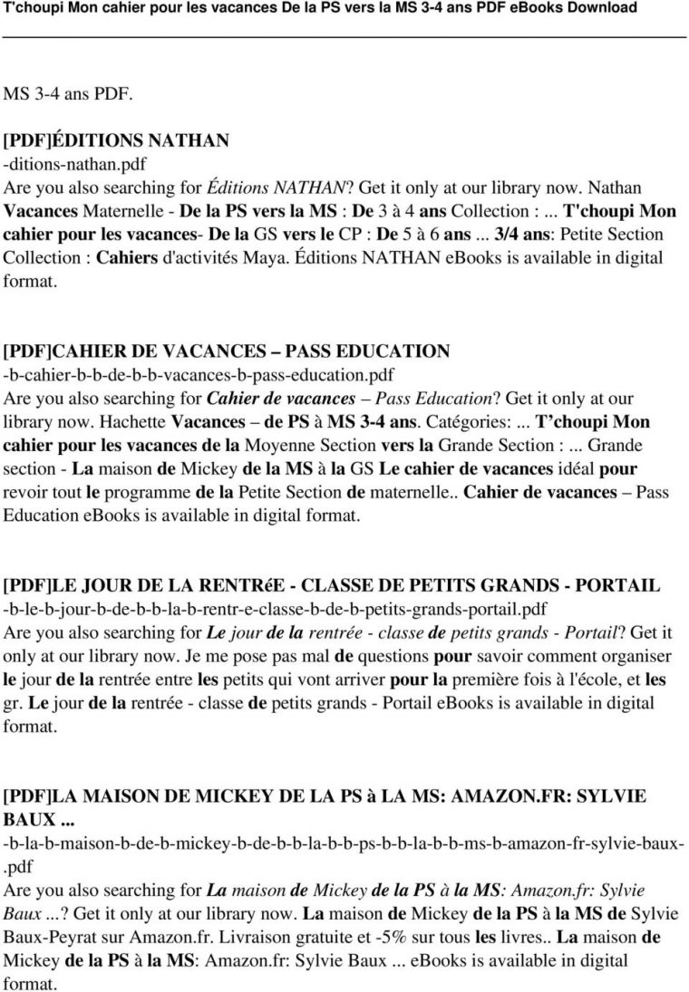 T'choupi Mon Cahier Pour Les Vacances De La Ps Vers La Ms 3 tout Cahier De Vacances Maternelle Pdf