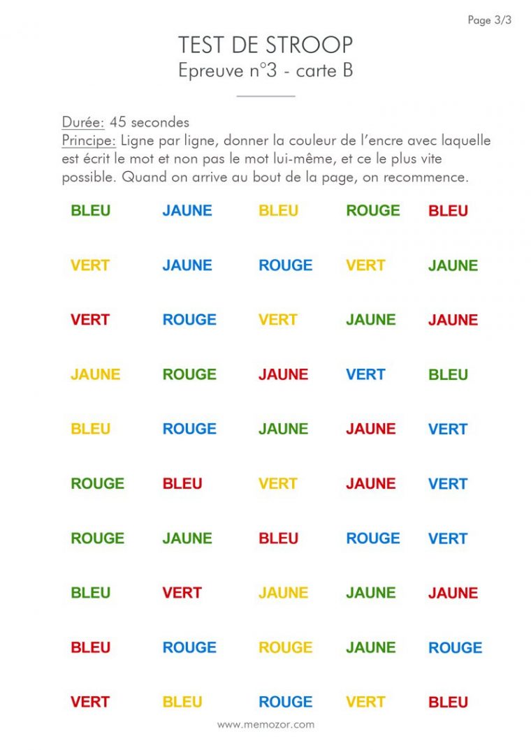 Test De Stroop À Imprimer (Pdf) – Liste De Couleurs Et Mots à Jeu De Memoire Gratuit