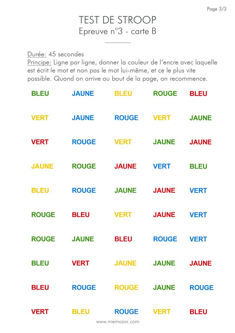 Test De Stroop À Imprimer (Pdf) - Liste De Couleurs Et Mots à Jeu De Memoire Gratuit 