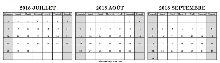 Trois Mois Calendrier Juillet Août Septembre 2018 Vacances À tout Calendrier 2018 À Imprimer Pdf