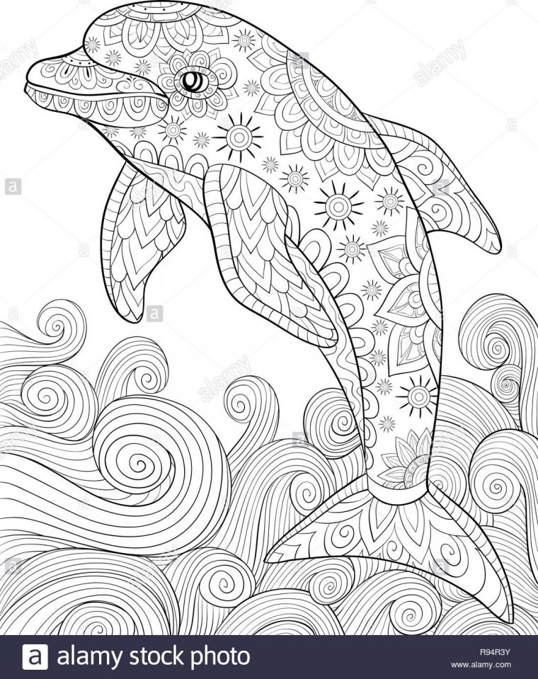 Un Mignon Dolphin Avec Des Ornements Et Des Vagues De Droit concernant Dessin De Vague A Imprimer