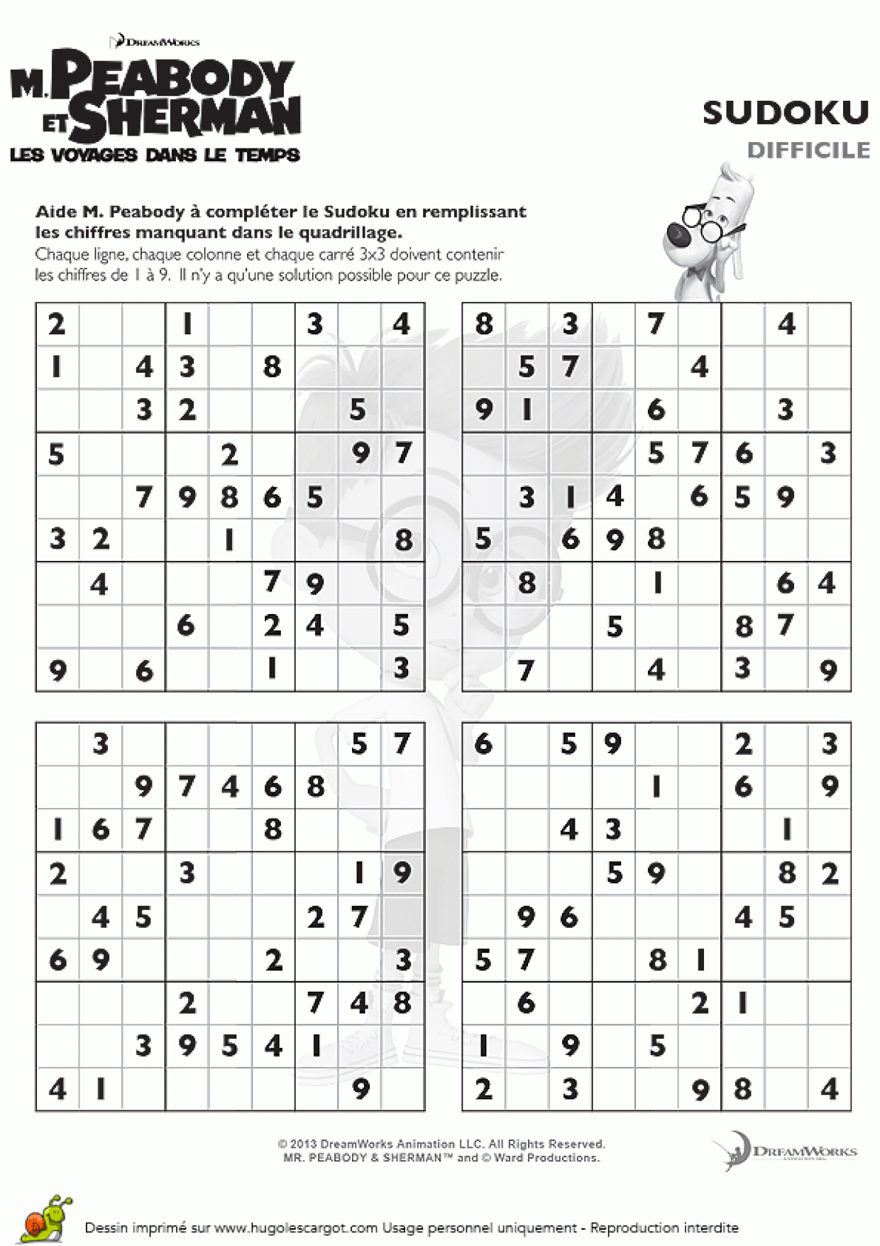 Un Sudoku Difficile À Imprimer Du Film De M.peabody concernant Sudoku Maternelle À Imprimer 
