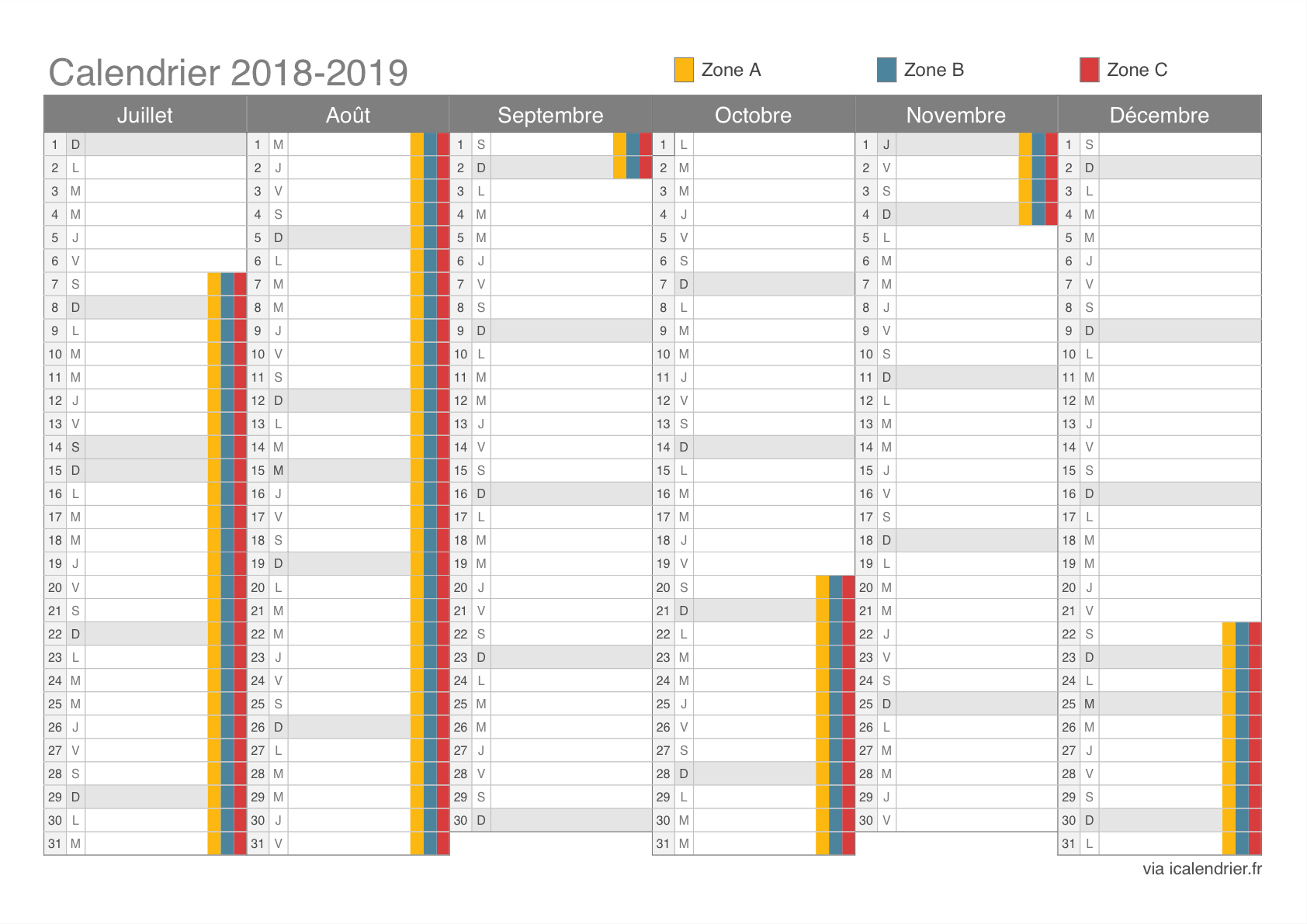 Vacances Scolaires 2018-2019 - Dates - Icalendrier intérieur Calendrier 2018 À Imprimer Avec Vacances Scolaires