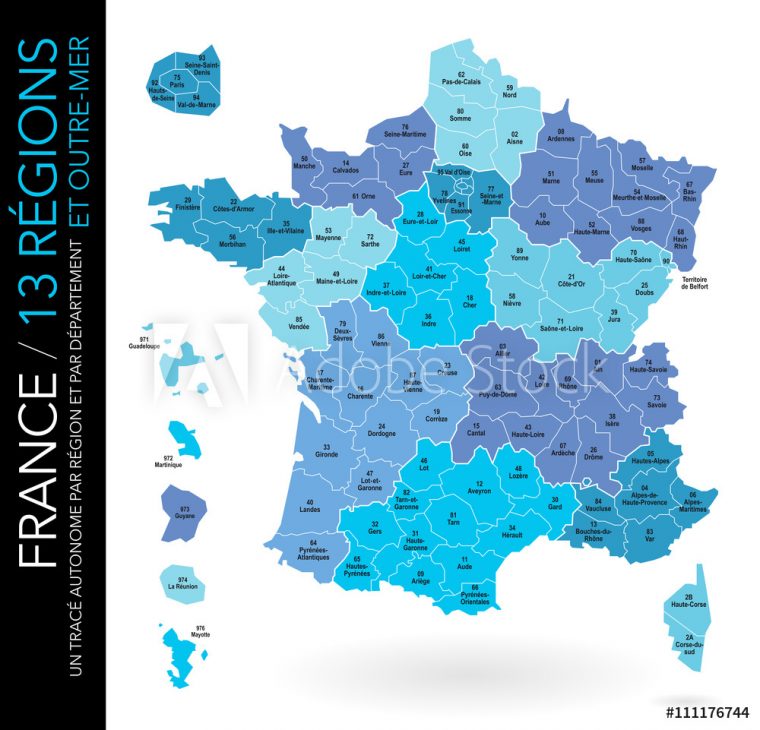 Valokuva Carte De France / 13 Régions Et Outre-Mer Avec Départements,  Numéros Et Chefs-Li destiné Carte Des 13 Régions