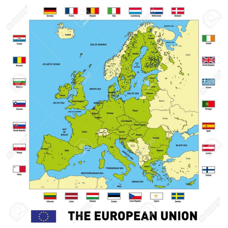 Vector Très Détaillée Carte Politique De L'union Européenne Avec Des  Drapeaux Et Capitales. Tous Les Éléments Sont Séparés Dans Des Couches à Capitale Union Européenne