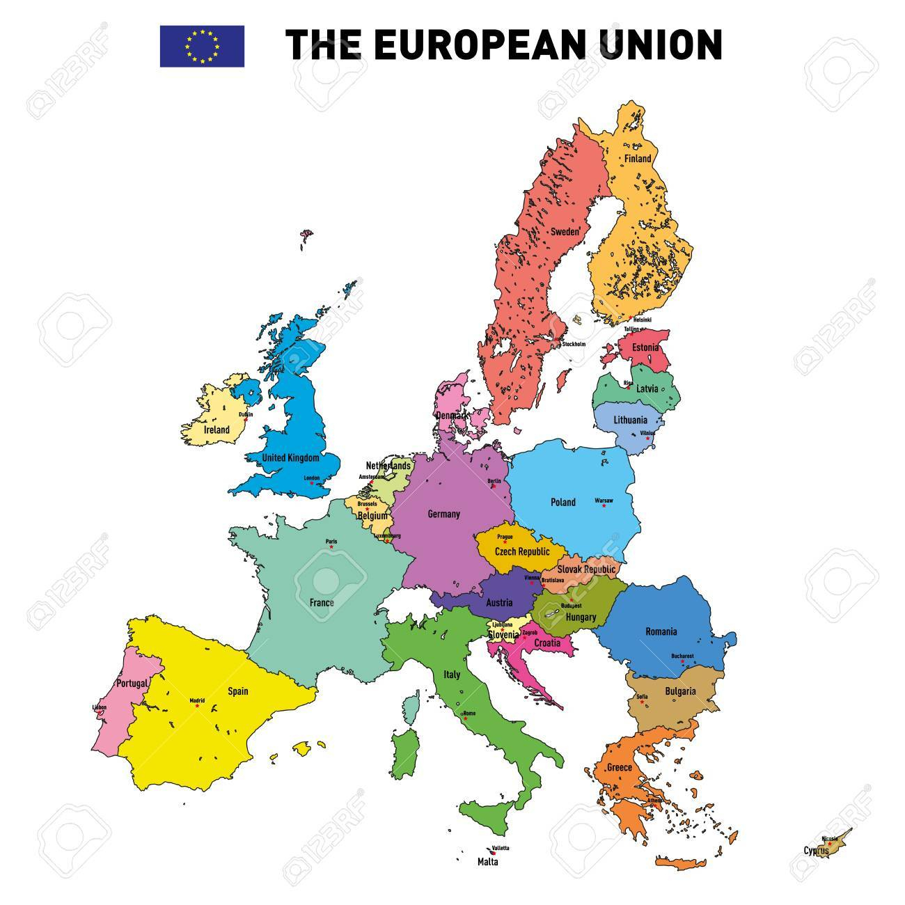 Vector Très Détaillée Carte Politique De L'union Européenne Avec Des  Drapeaux Et Capitales. Tous Les Éléments Sont Séparés Dans Des Couches avec Carte De L Europe Avec Capitales