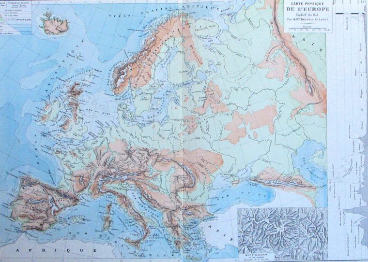 1887 Europe Relief Map, Physical Geography, "carte Physique De L'europe,  Relief Du Sol". Original Antique Engraved Map. avec Carte De L Europe En Relief