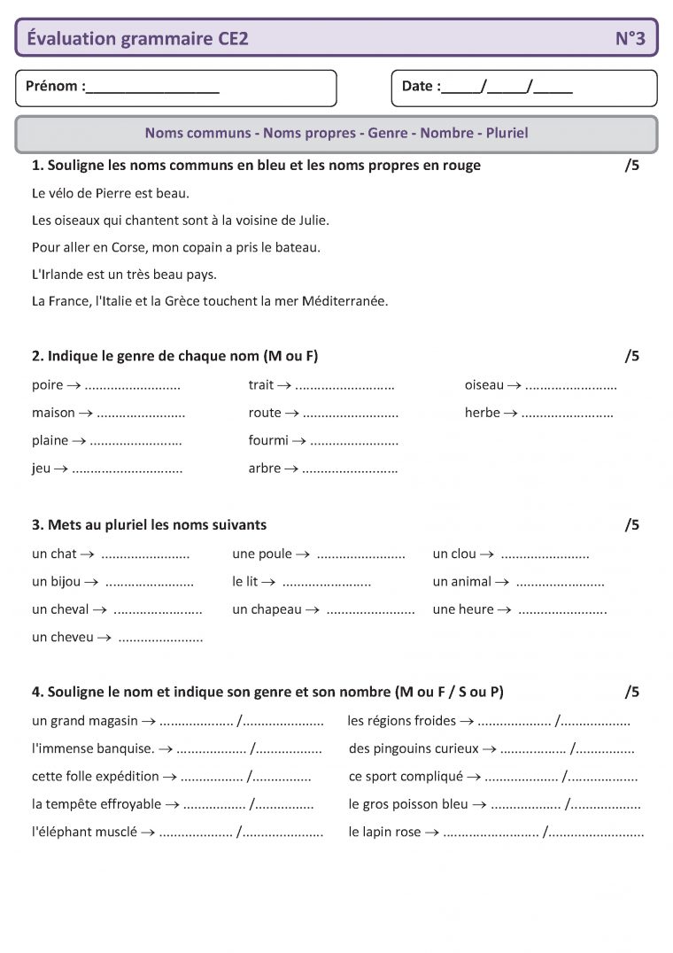 5 Évaluations Qui Pourront Servir De Bilan En Grammaire Pour destiné Travaille Ce2 A Imprimer