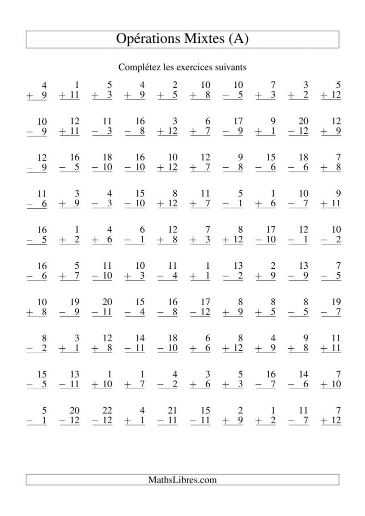 Addition Et Soustraction — Variation 1 À 12 (A) serapportantà Exercice De Math A Imprimer