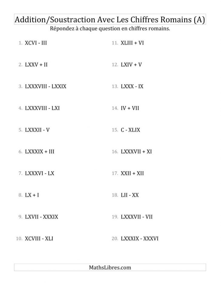 Addition/soustraction Avec Les Chiffres Romains (Jusqu'à C) (A) encequiconcerne Apprendre Les Chiffres Romains