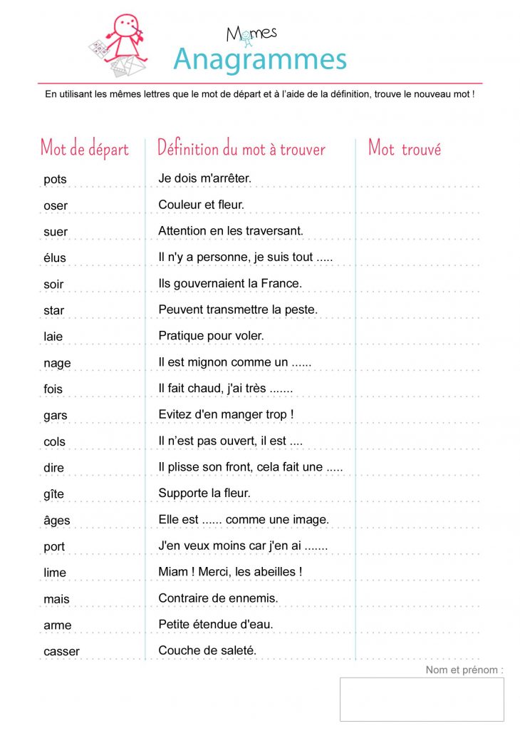 Anagrammes : Exercice | Exercice Ce2 À Imprimer, Exercice intérieur Jeux De Mémoire À Imprimer Pour Adultes